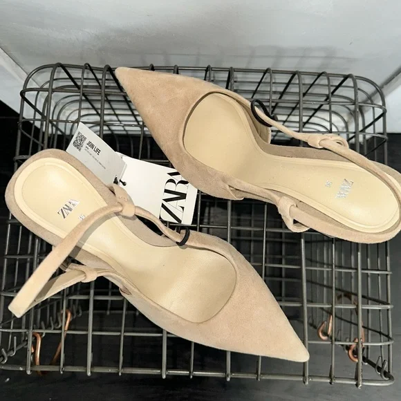 Zara Nude Suede Pointed Slingback Block Heels - Picture 2 of 4